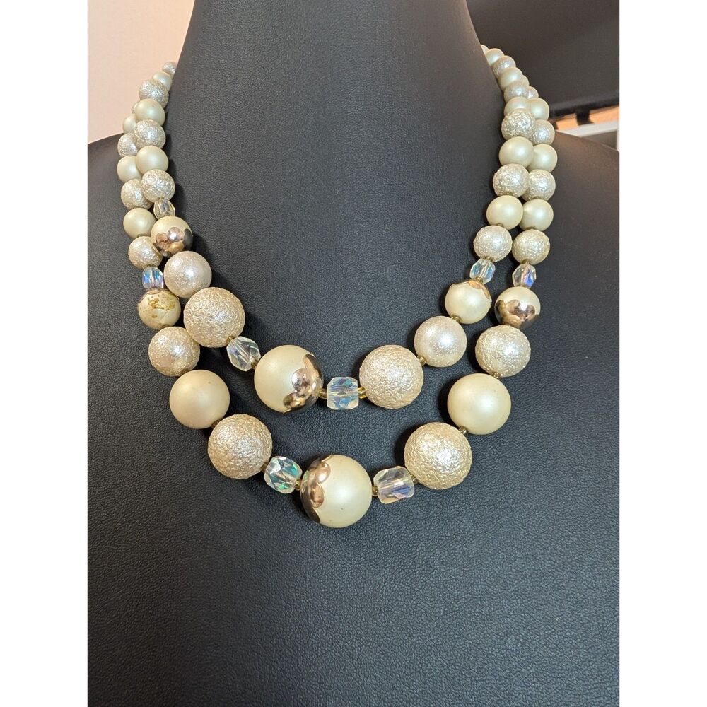 Vintage 1960s Double Strand Multi Texture Faux Pearl Sugar Bead Choker Necklace